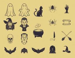 Set of 19 vintage Halloween elements including monsters, animals, and spooky items. Classic style perfect for stickers, posters, prints, and festive design projects. vector