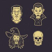 Vintage Halloween character set featuring Frankenstein monster, a vampire, a witch, and a skeleton. Classic spooky designs in isolated style, perfect for logos, posters, stickers, and themed vector