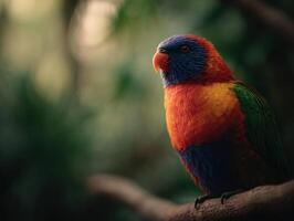 A vibrant jungle bird rests serenely amidst dense tropical foliage photo