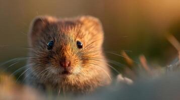 A tiny common vole shows curiosity seeking out plant seeds now photo