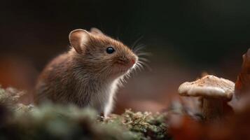 A tiny common vole shows curiosity smelling a found mushroom now photo