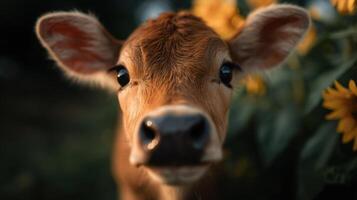 A young farm animal showing interest in a beautiful blooming sunflower photo