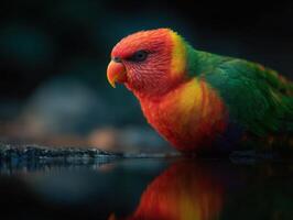 A tropical parrot studies its reflection seen in clear water photo
