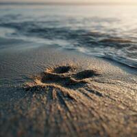A tiny bird has left its distinct footprint on the damp beach photo