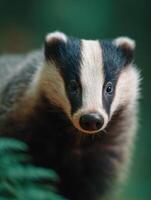 A wild badger with an alert expression and moving nose photo