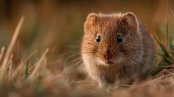 A tiny common vole preens its paws in a field of grass photo