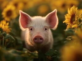 An adventurous little piglet explores amidst bright sunflower blooms photo