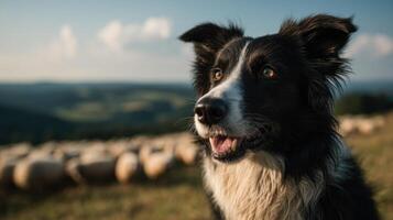 A vigilant herding dog keeps a watchful eye on grazing sheep photo