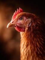 A thriving russet hen observes its surroundings with keen eyes photo