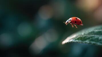 A tiny red bug launches into air from a vibrant green surface photo