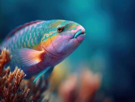 A vivid parrotfish scrapes algae from a hard coral surface photo