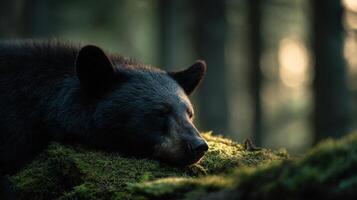 A wild black bear enjoying a peaceful nap on a log in forest photo