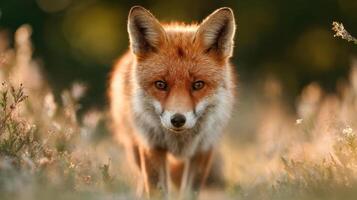 A wild fox cautiously explores a field bathed in golden sunlight photo
