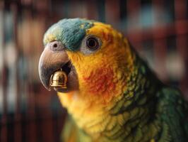 A vivid pet parrot enjoys playing with tiny bell held in beak photo