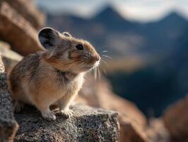A tiny pika shows curiosity on a steep rocky mountain face photo