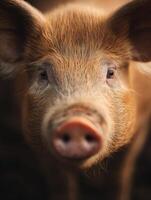 A wise looking brown hog displays a calm and serene demeanor photo