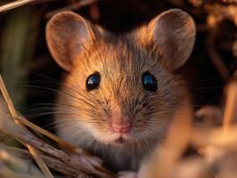 A tiny field mouse with curious eyes peers from hidden hole photo