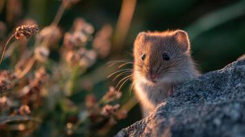 A tiny common vole shows curiosity ascending a small field rock photo