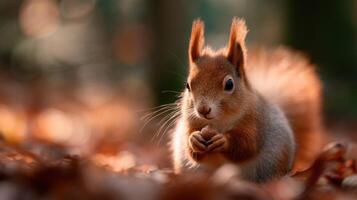 Active squirrel stashing away nuts in a beautifully lit forest photo