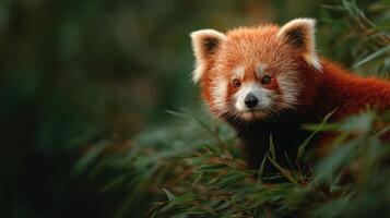 Alert Lesser Panda Rests High Up On A Green Bamboo Shoot photo
