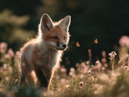 An adorable fox cub has fun chasing a butterfly in sunny meadow photo