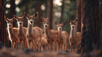 Alert deer family observed together in sun dappled forest clearing photo