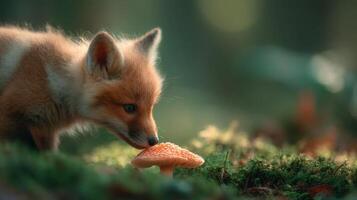 An adorable red fox cub playfully explores a vivid mushroom photo
