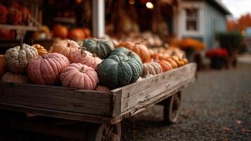 A vintage farm cart piled high with diverse autumn harvest goods photo