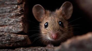 A tiny mouse peers with curiosity from crevice in old barn wall photo