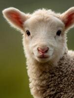 An adorable young lamb showing pure eyes and dense wool in summer photo