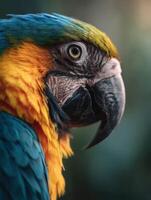 A tropical macaw parrot with a sharp bright eye surveys the canopy photo