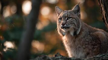 An attentive bobcat observes from its perch on a low bough photo