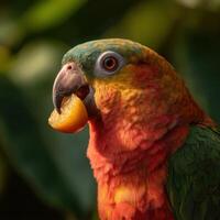 A vibrant parrot feasts on sweet ripe fruit within lush jungle photo