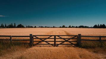 A welcoming rural gateway offers view of expansive golden cereal pasture photo