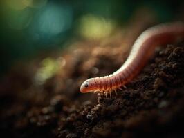 An earthworm makes its way out of damp fertile soil photo