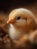 An endearing small fluffy chick feels secure in a well built nest photo