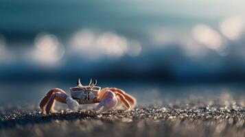 An interested crab dashes across the warm beach sand photo