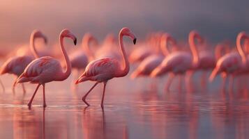 Beautiful flamingos gather peacefully in shimmering sunset reflection photo
