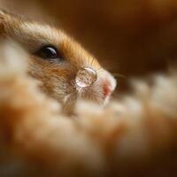 Close up view of a single water drop on fluffy hamster coat photo