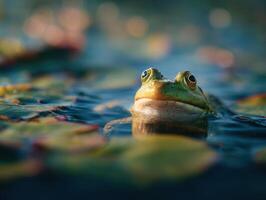 Bullfrog Observes From Next To Lily Pad In Peaceful Pond photo