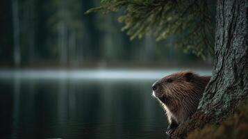 An industrious beaver is seen biting into a thick tree trunk photo