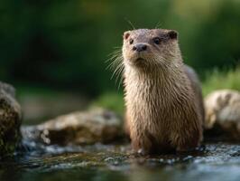 An interested otter peeks over a rock in flowing water photo