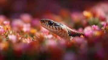 Common Snake Weaves Its Way Through Flowering Field Plants photo