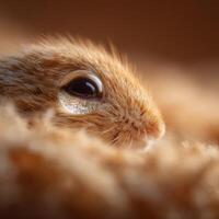 Close up view of single water drop on fluffy infant gerbil coat photo
