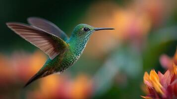 Beautiful Hummingbird Sips Nectar From Lush Tropical Flower photo