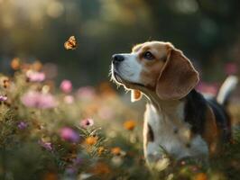 Beagle explores a meadow discovering butterfly on pretty bloom photo