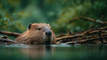An industrious beaver builds a new dam in a tranquil river photo