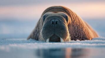 An interested walrus lies on a drifting piece of arctic ice photo