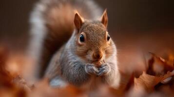 Cute squirrel with an acorn poses playfully in autumn setting photo