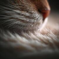 Close up of morning dew bead on a resting young cats facial hair photo
